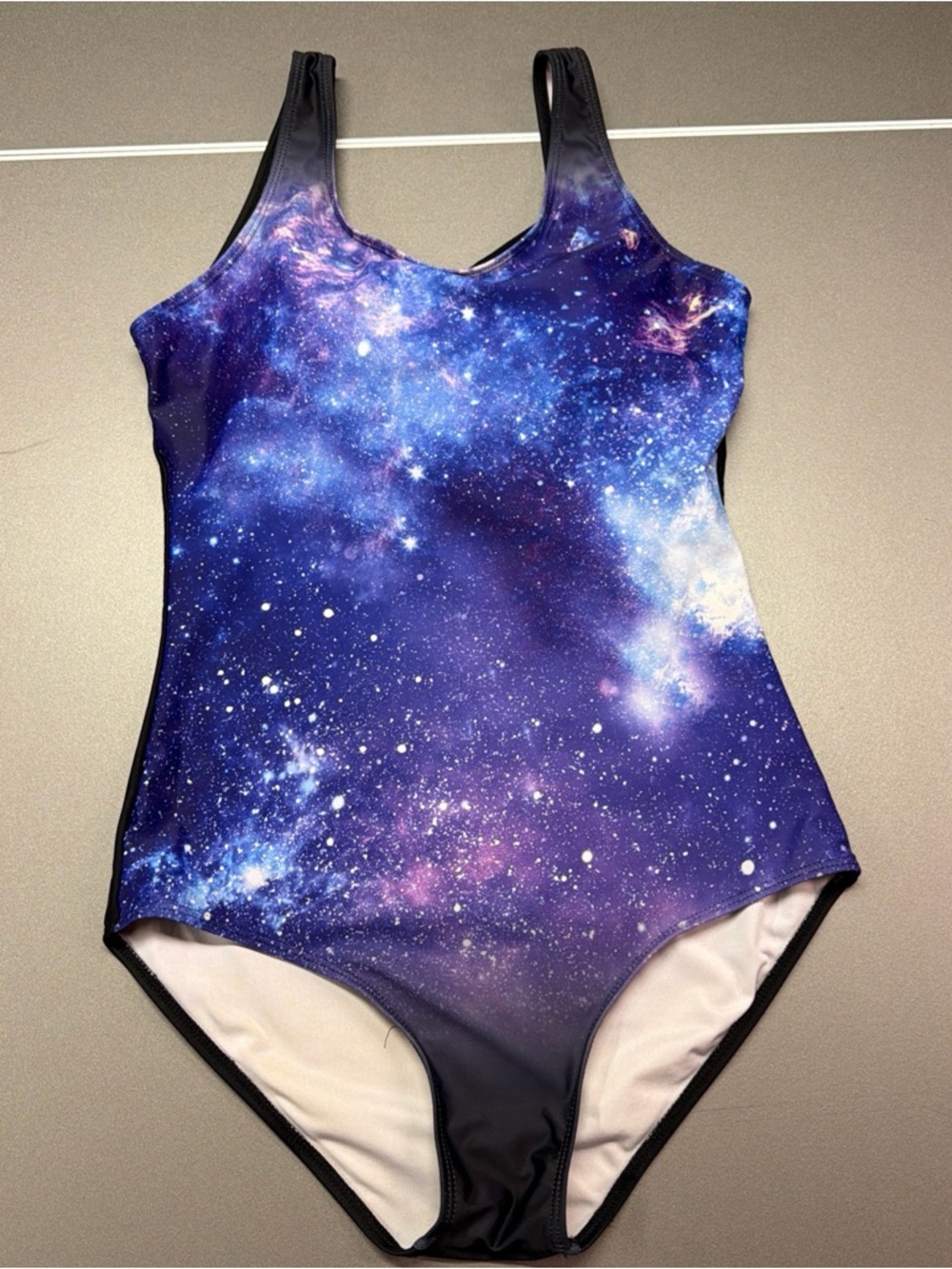 Cosmic Galaxy Womens One Piece Swimsuit Size Medium Purple Blue Black Wide Strap